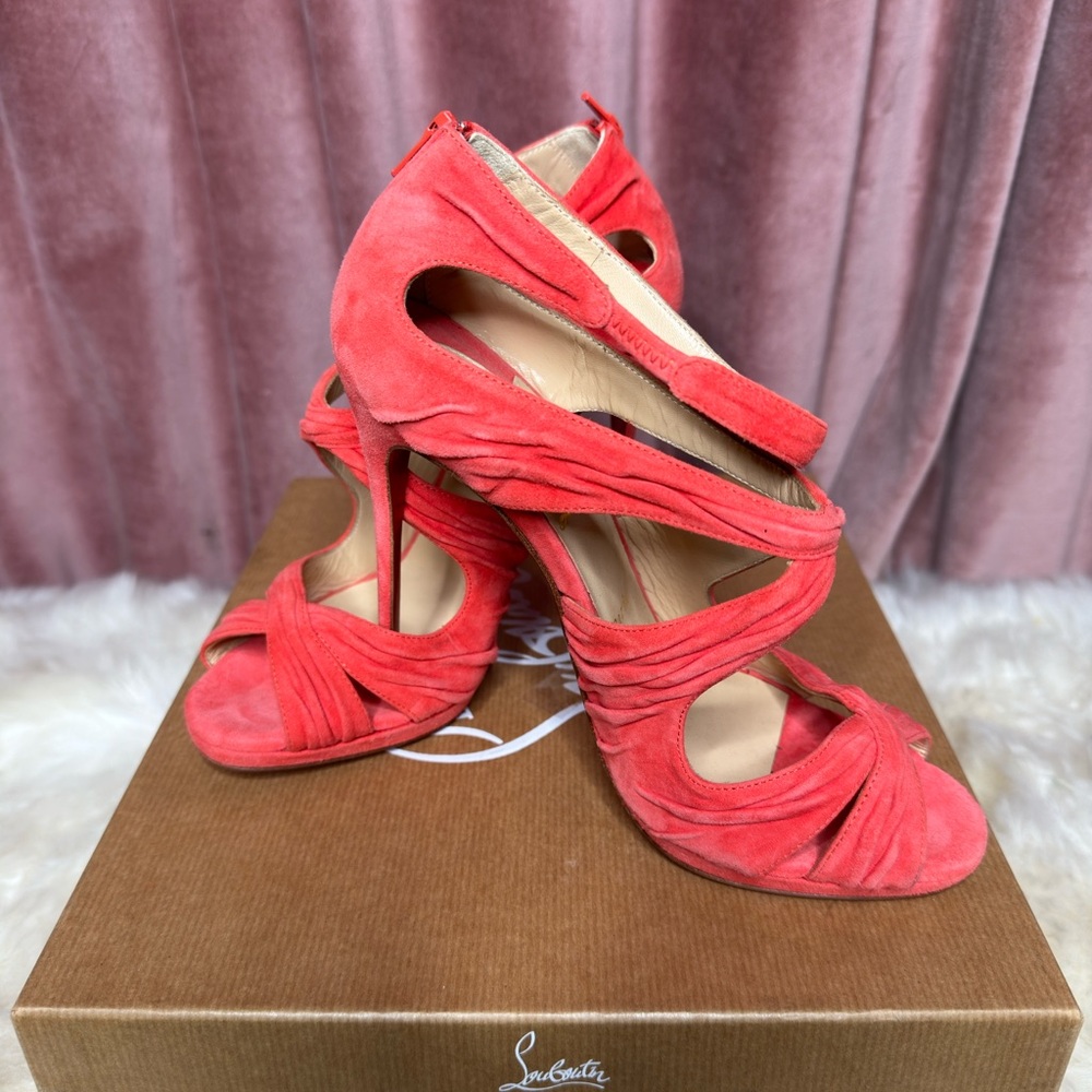 Christian Louboutin Kasia Strappy Coral Salmon Suede Leather Sandal Heels 38 - Picture 9 of 9